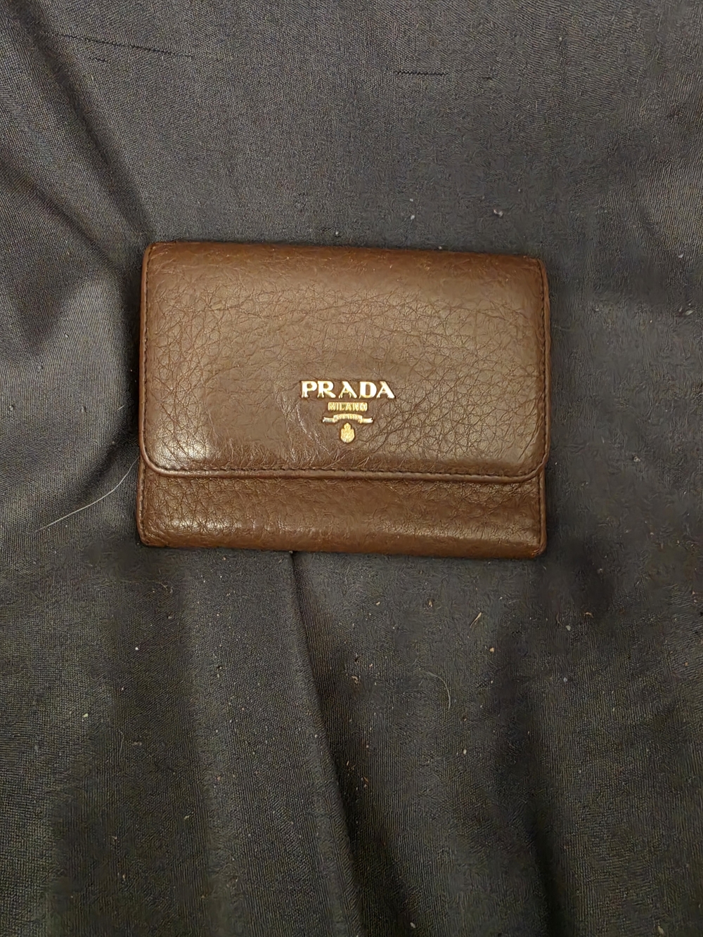 Authentic Prada Brown Leather Compact Wallet with Gold Logo